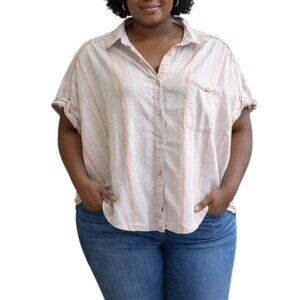Terra & Sky Plus Size 3X Shirt High-Low Hem Button-Up Multicolor Stripe
